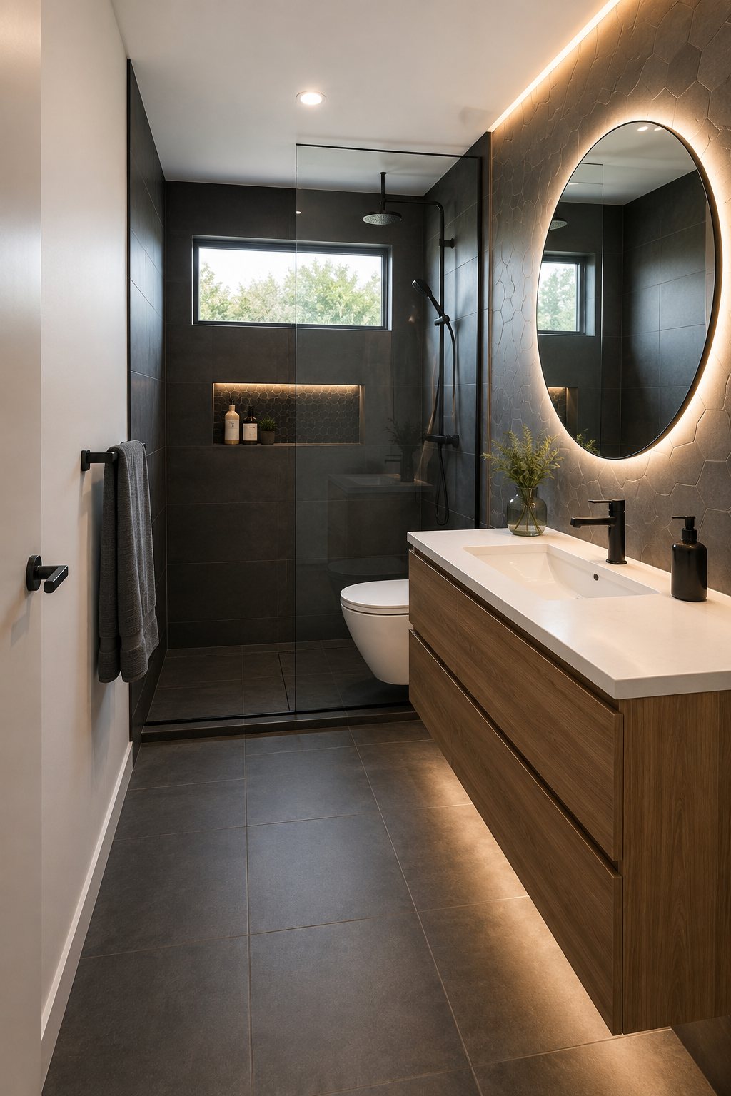 Bathroom inspiration with dark charcoal tiles and a round backlit mirror