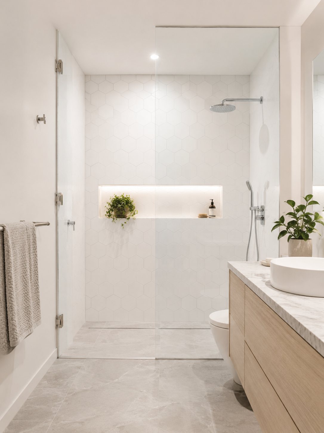 Bathroom inspiration with white hexagon tiles and a light timber vanity