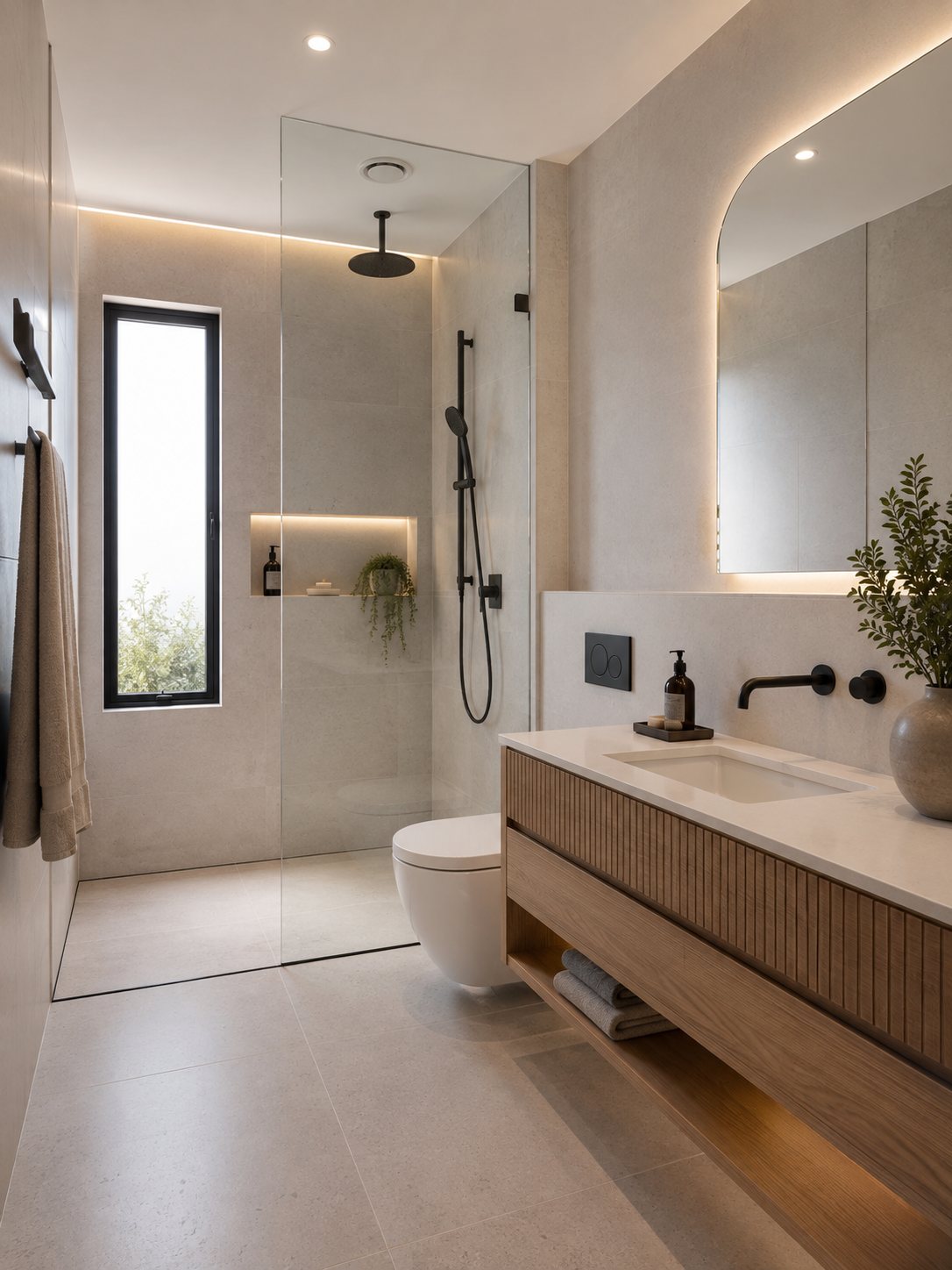 Bathroom inspiration with warm beige tones and a fluted timber vanity