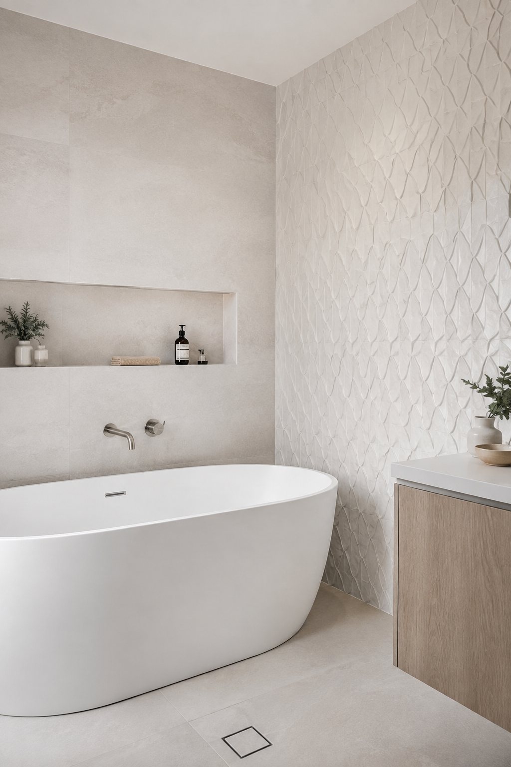 Bathroom inspiration with a freestanding oval bath and textured feature wall