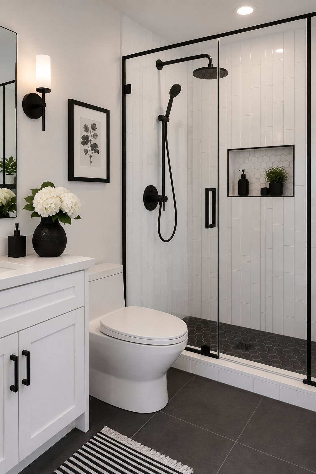 Bathroom inspiration with a black framed shower screen and monochrome finishes