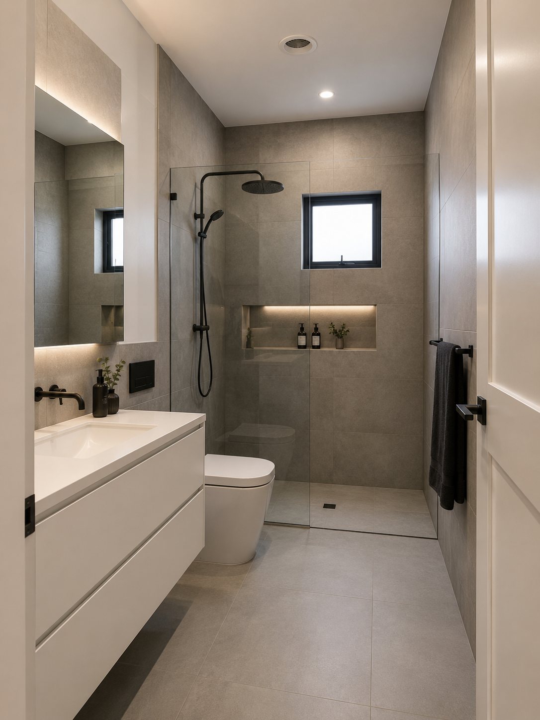 Bathroom inspiration with grey stone look tiles and a walk in rain shower
